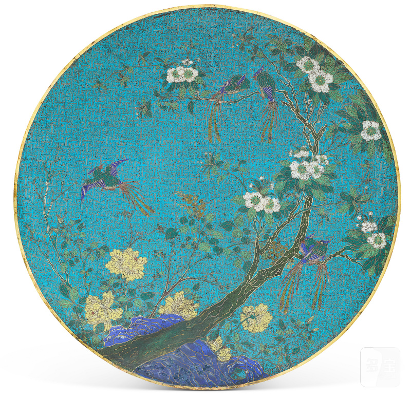 清乾隆至嘉慶 掐絲琺琅花間綬帶圖大圓屏  CHINA, QING DYNASTY, QIANLONG-JIAQING PERIOD (1736-1820)